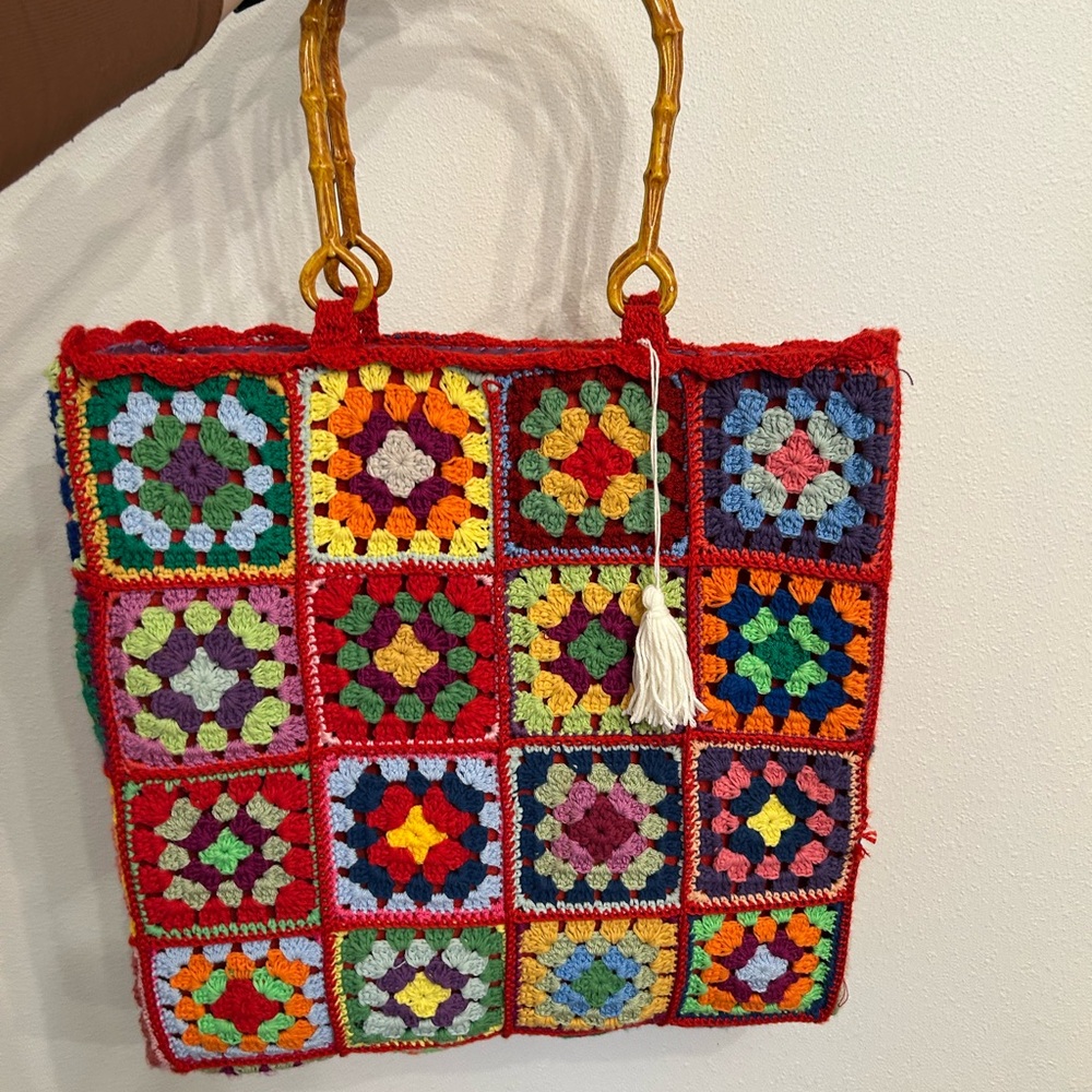 Granny Square Crochet Purse Tote Bag with Bamboo Handles - Picture 2 of 12
